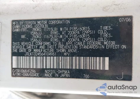 2006 Scion Xb z USA, uszkodzony, nr VIN JTLKT324564104961